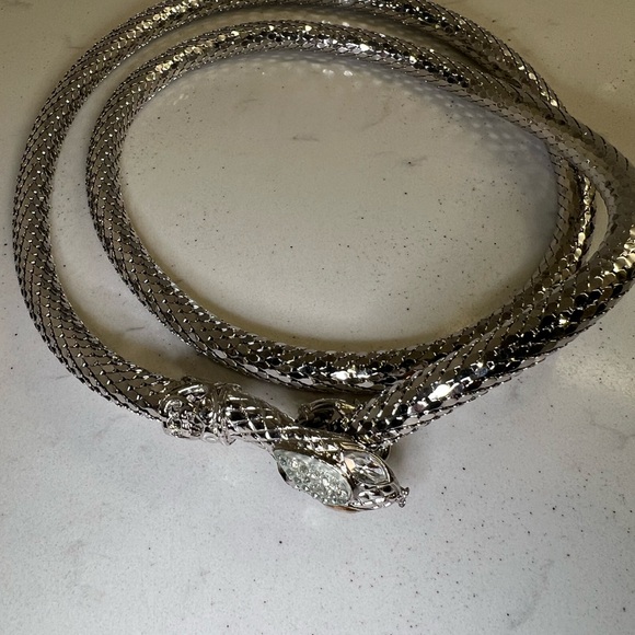 Vintage Silver Mesh Snake Necklace/Belt Crystals Eyes Head Designer 38” - Picture 4 of 10